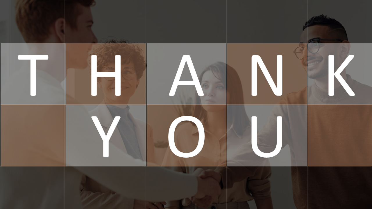 Thank you slide with bold white text and a background image of diverse professionals interacting.