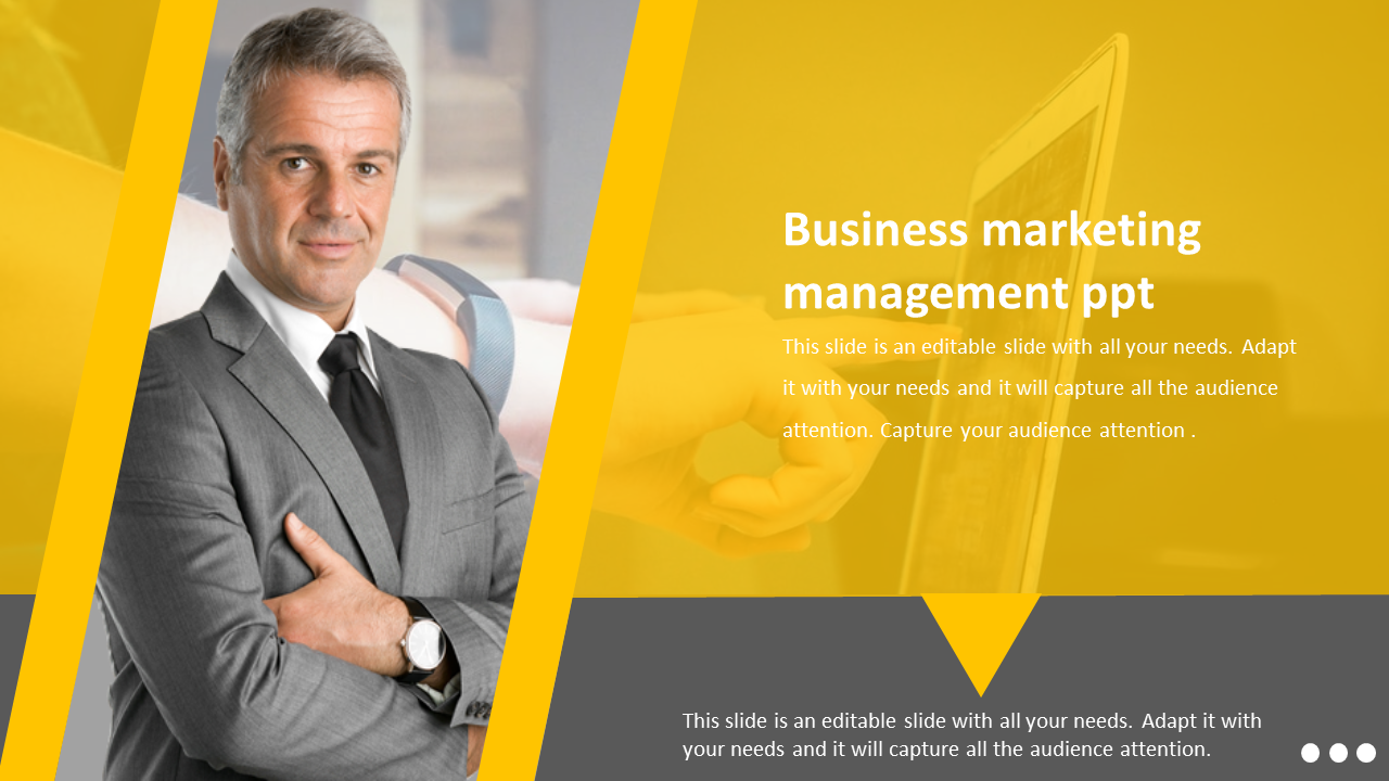 Business marketing management slide featuring a confident businessman in a suit with vibrant yellow and gray design elements.