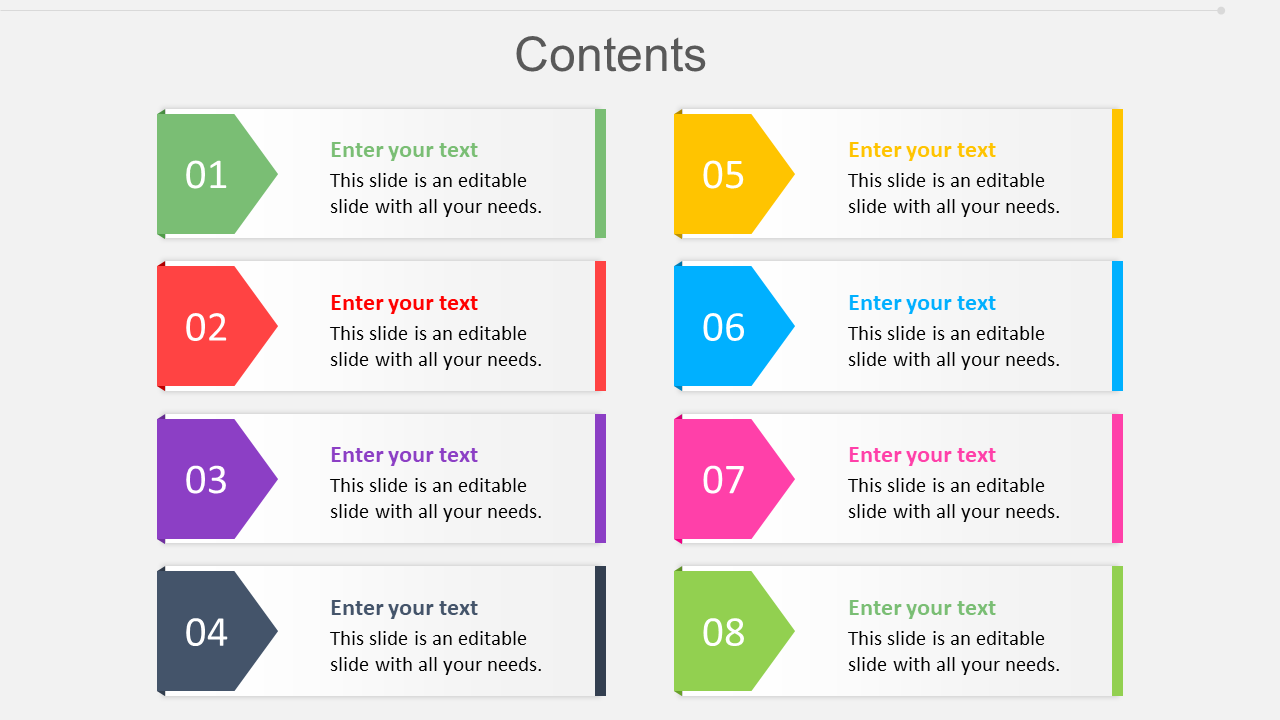 Colorful contents slide with numbered sections from 1 to 8, each with a placeholder text.