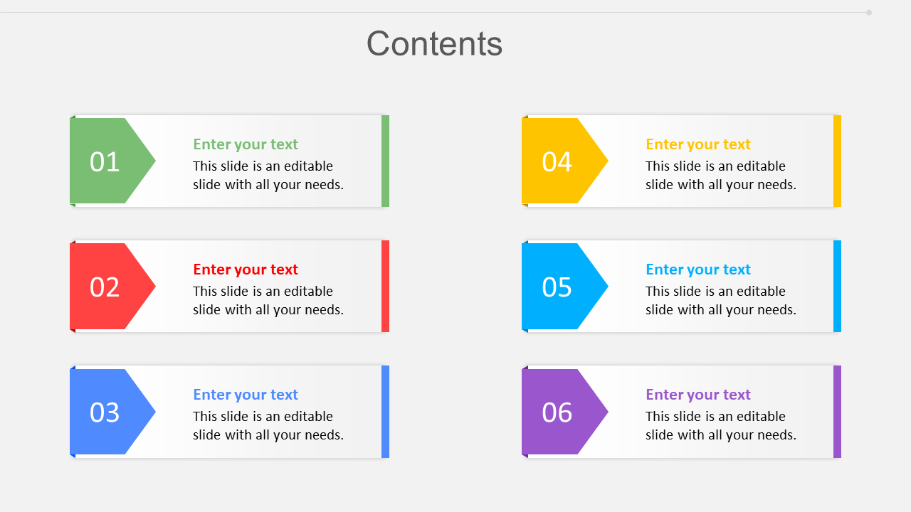 Content PPT slide with numbered arrows and text sections in various colors on a white theme.