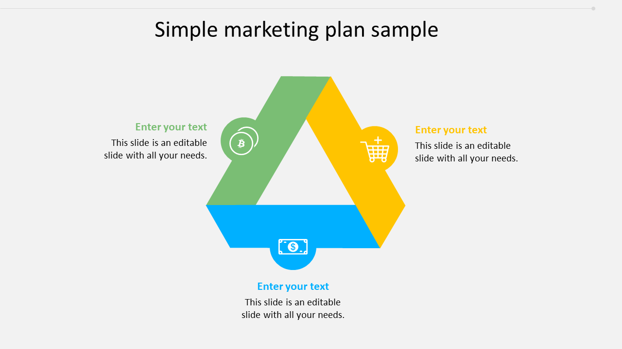 Marketing plan slide featuring a triangular cycle diagram in green, yellow, and blue with icons and text labels.