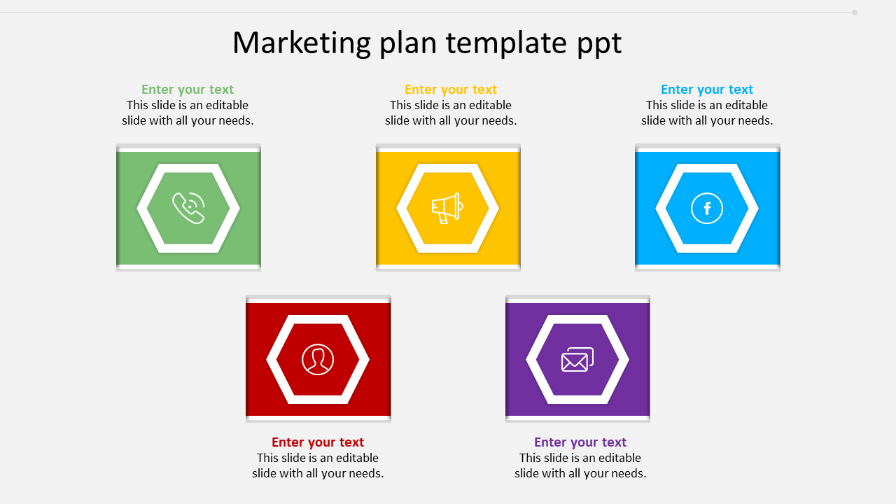 Marketing plan slide with five hexagonal icons in green, yellow, blue, red, and purple, each with text.