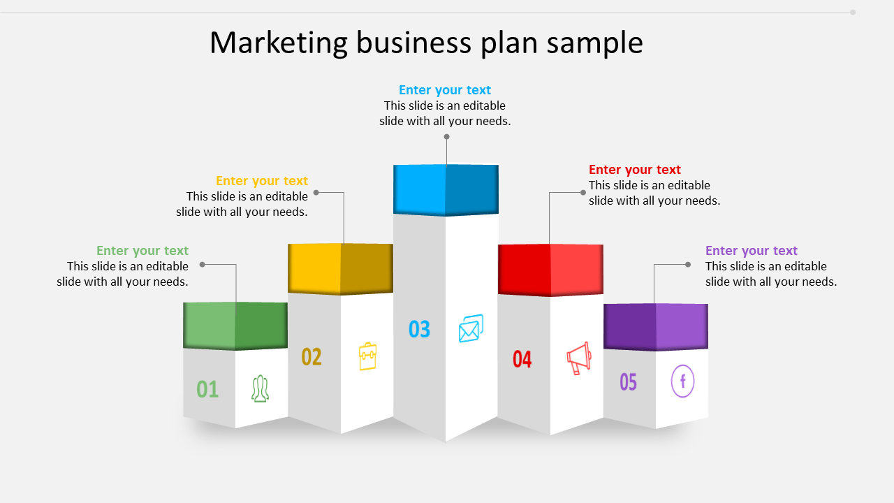 Marketing business plan sample slide with five colored bars labeled with business icons and placeholder text.