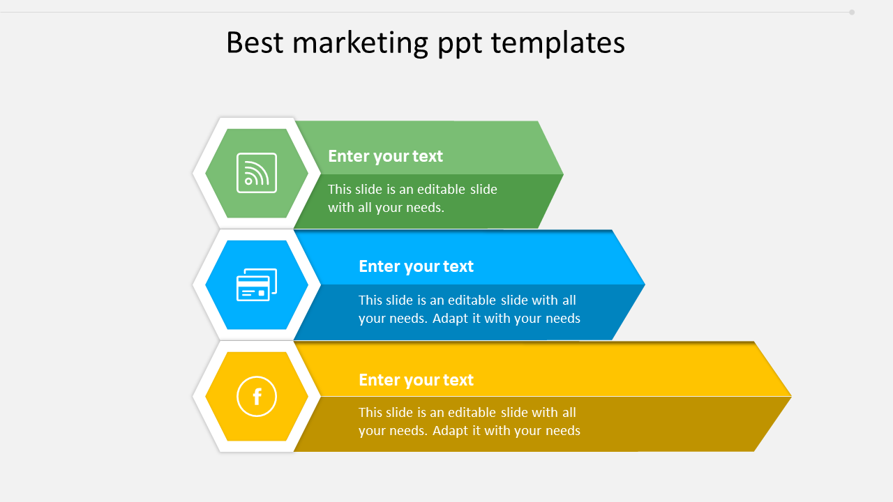 Marketing slide with three stacked hexagonal banners in green, blue, and yellow, each containing an icon and text.