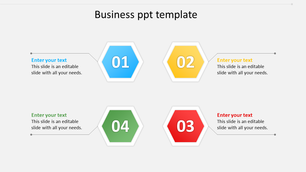 Business template with colorful hexagon shapes with four placeholder text areas placed in a white background.