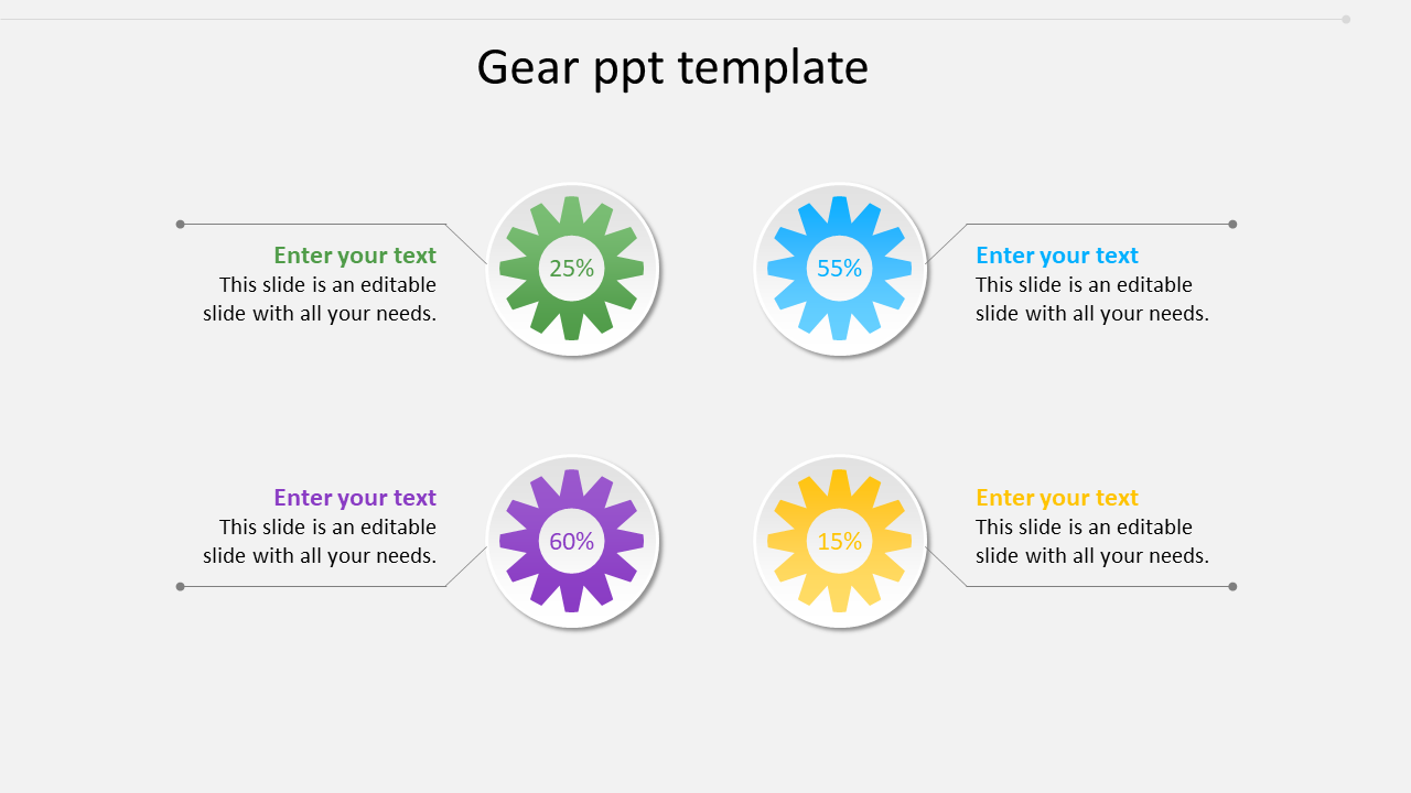 Four colorful gear icons in green, blue, purple, and yellow, each labeled with a percentage and connected to text areas.