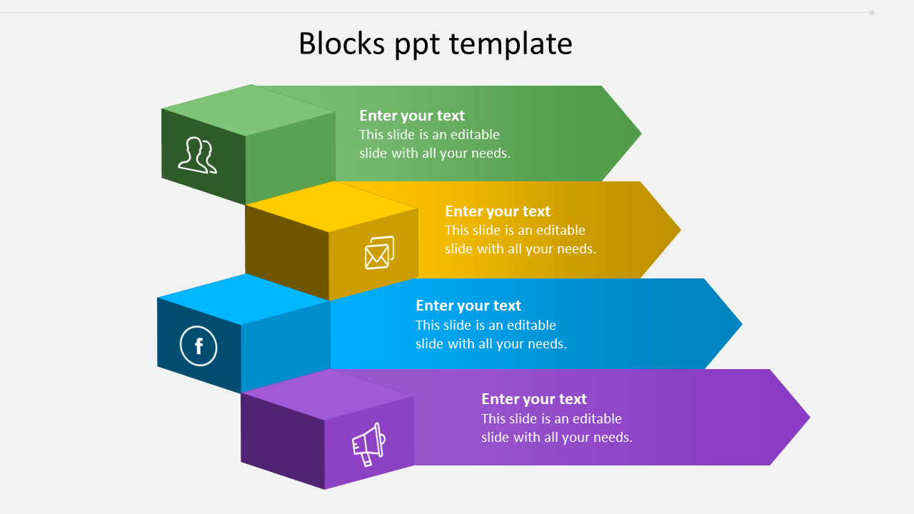 Blocks PowerPoint template with colorful 3D cubes for displaying text and icons.