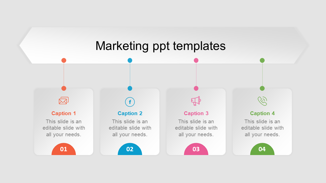 Marketing slide with four white square sections, containing numbers and icons in orange, blue, pink, and green.