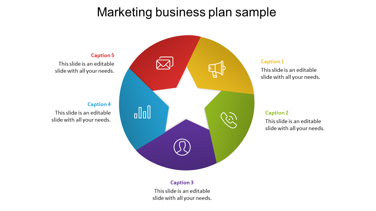 Sircular layout with star shaped design in red, blue, yellow, green, and purple, each containing an icon for marketing tools.