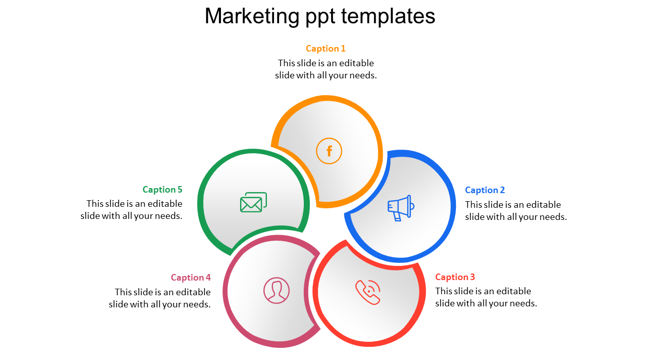 Slide with five interlocking circular segments in green, red, orange, blue, and yellow, each containing icons and captions.