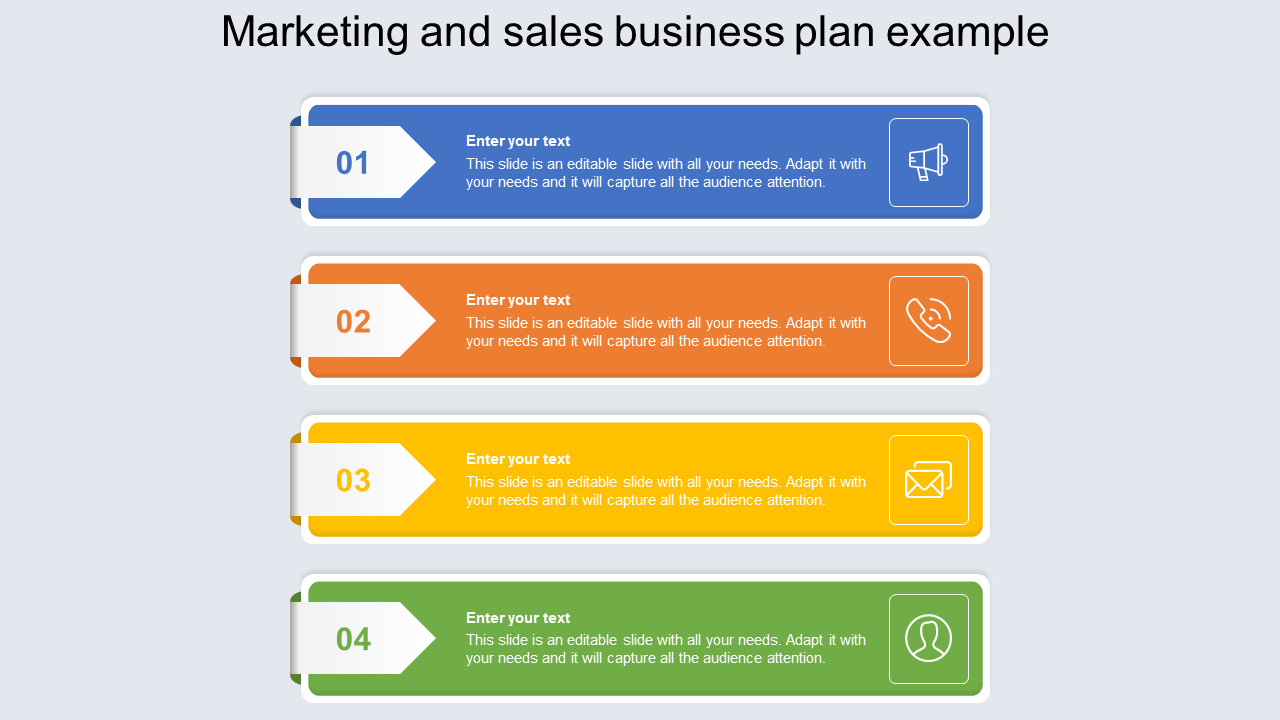 Marketing plan slide with four numbered text boxes in blue, orange, yellow, and green, each with an icon.