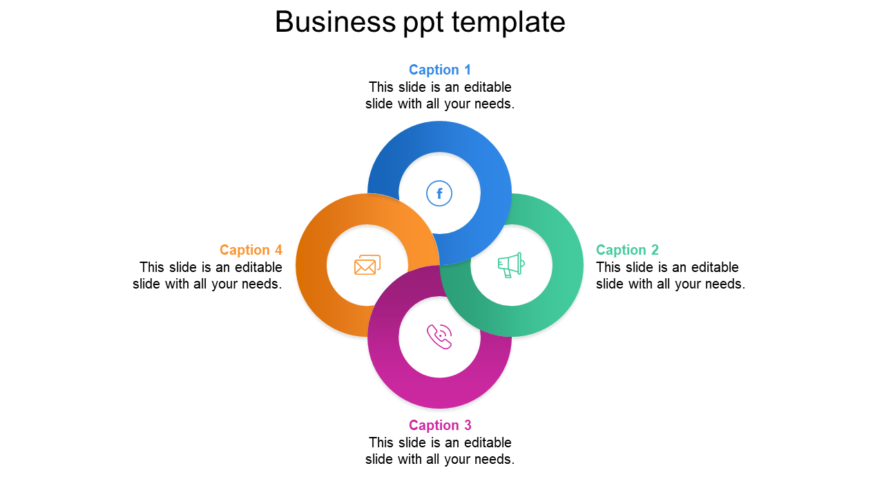 Slide featuring four overlapping blue, green, orange, and purple circles, each paired with a caption and icon.