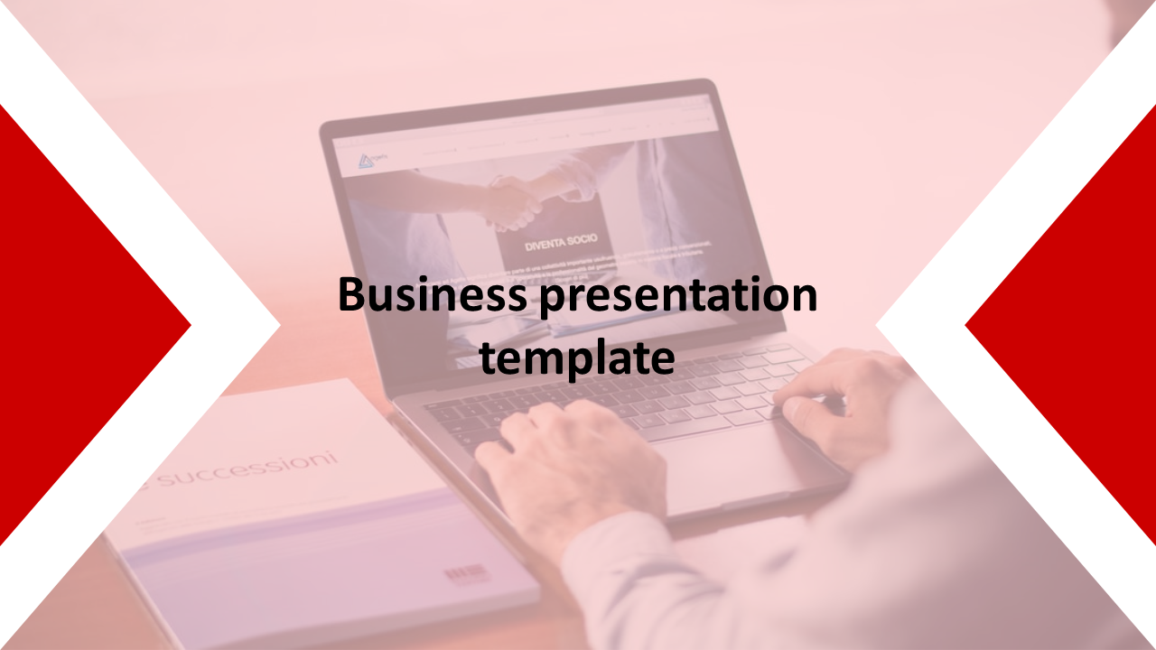 Business slide with a blurred laptop background featuring text in the center, and red arrow shaped side accents.