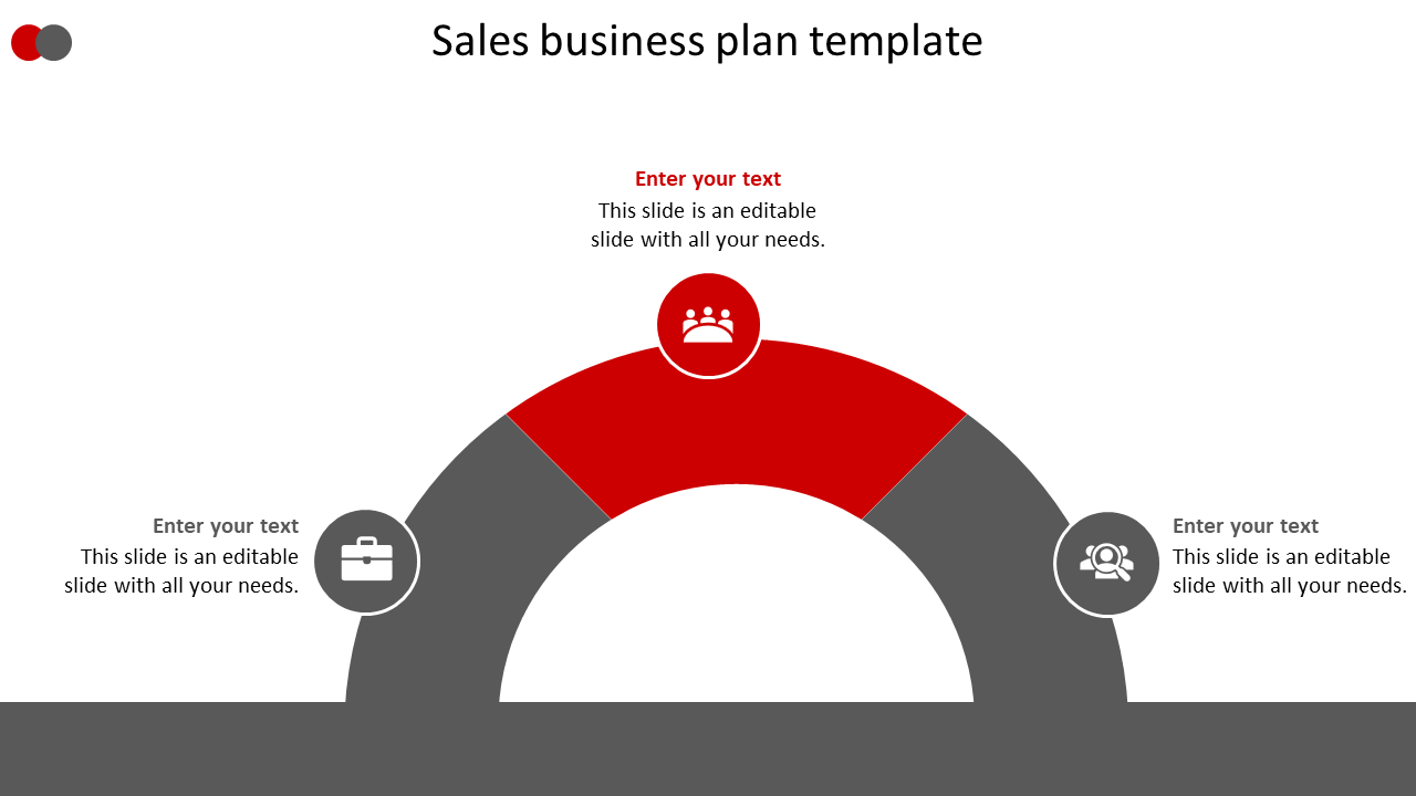 Sales business plan slide with a grey and red curved layout, featuring icons for business and team collaboration with text.