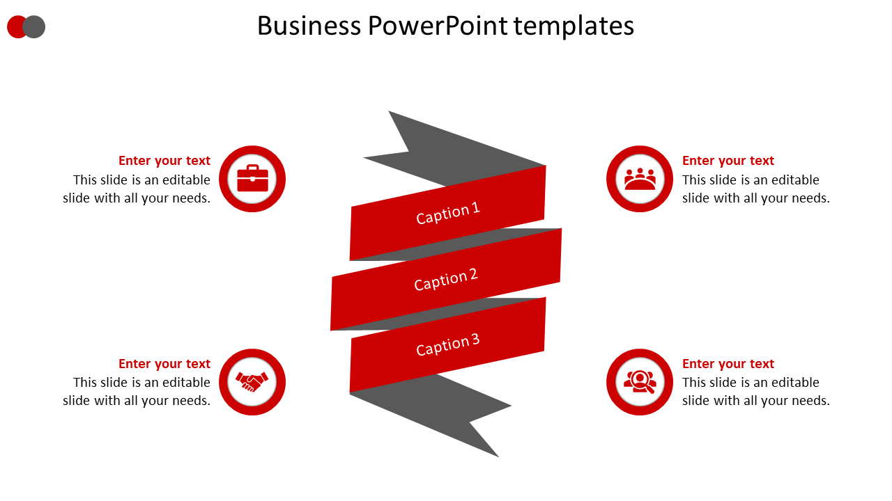 Slide with a red ribbon like structure in the center, flanked by four circular icons with business symbols.