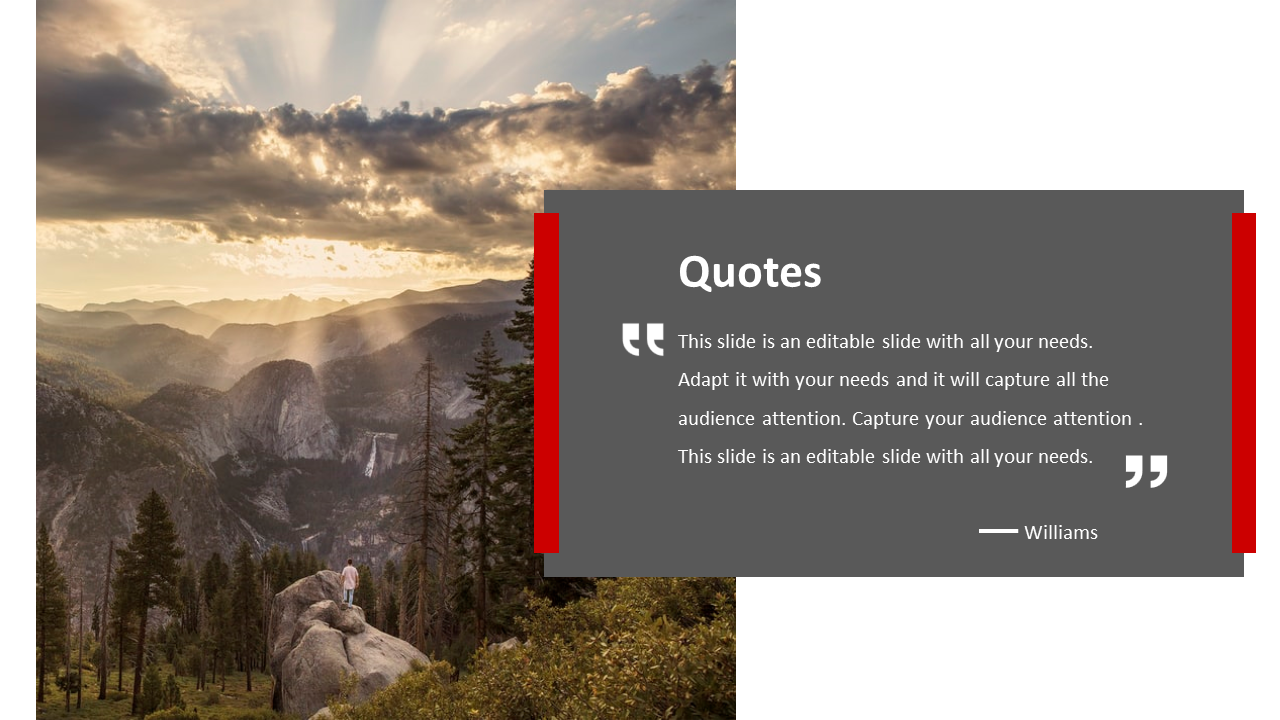 Quote slide with a scenic mountain background and a text box with a quote, framed in red and gray.