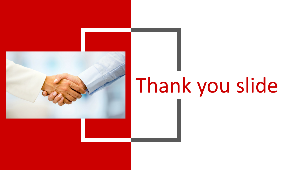 Professional thank you slide featuring a handshake and red accents on a white theme.