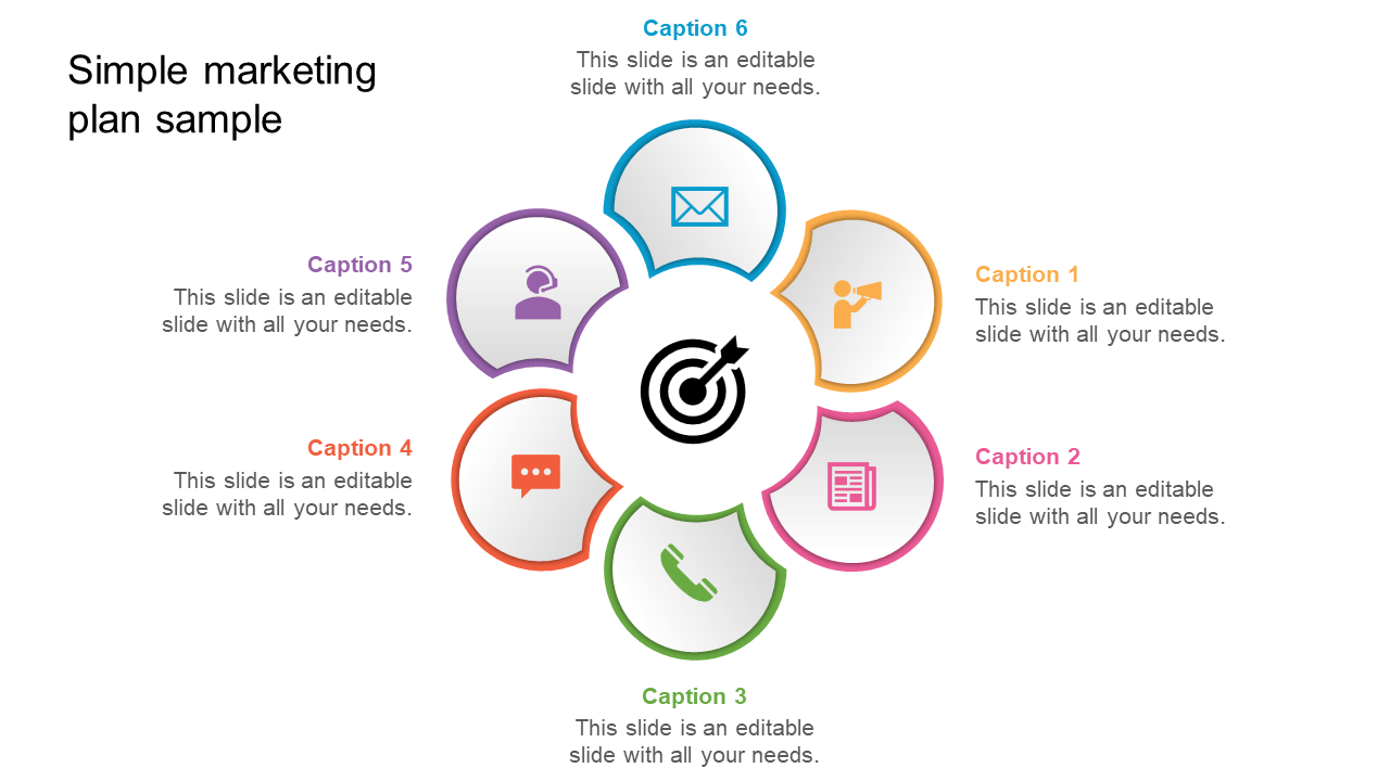 Six colored circular icons arranged in a circle around a target symbol, representing aspects of a marketing plan.