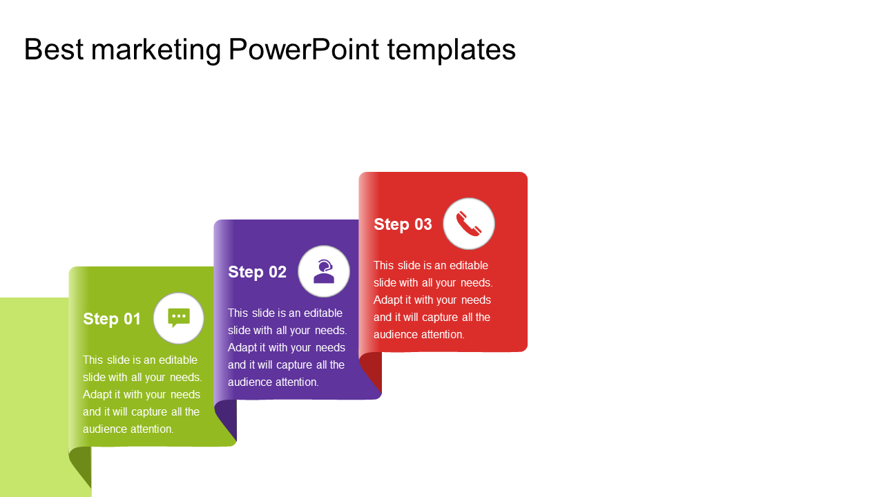 Three step marketing slide with green, purple, and red blocks labeled with 01 to 03, and icons for each.