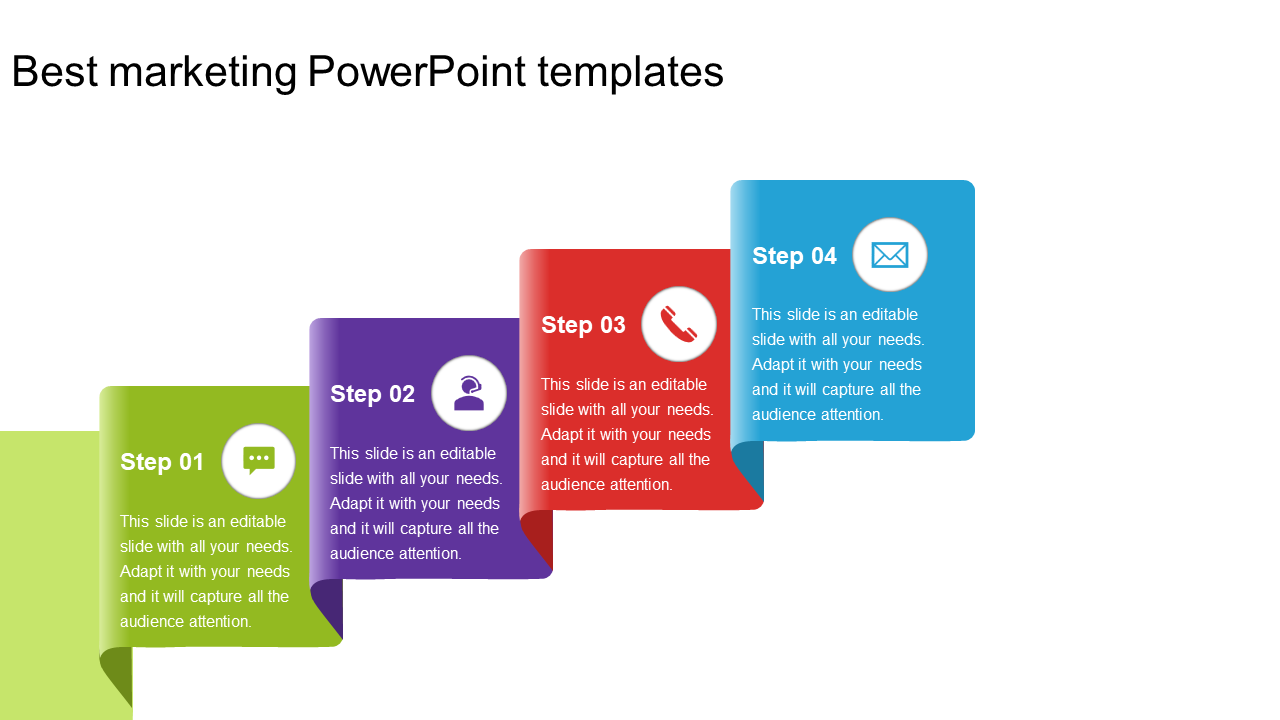 Best marketing PowerPoint template with four colored steps with placeholder text on a white backdrop.