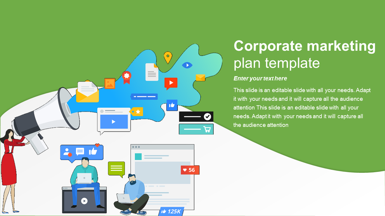 Corporate slide with illustrations of a megaphone, social media icons, and people using laptops, on a green backdrop