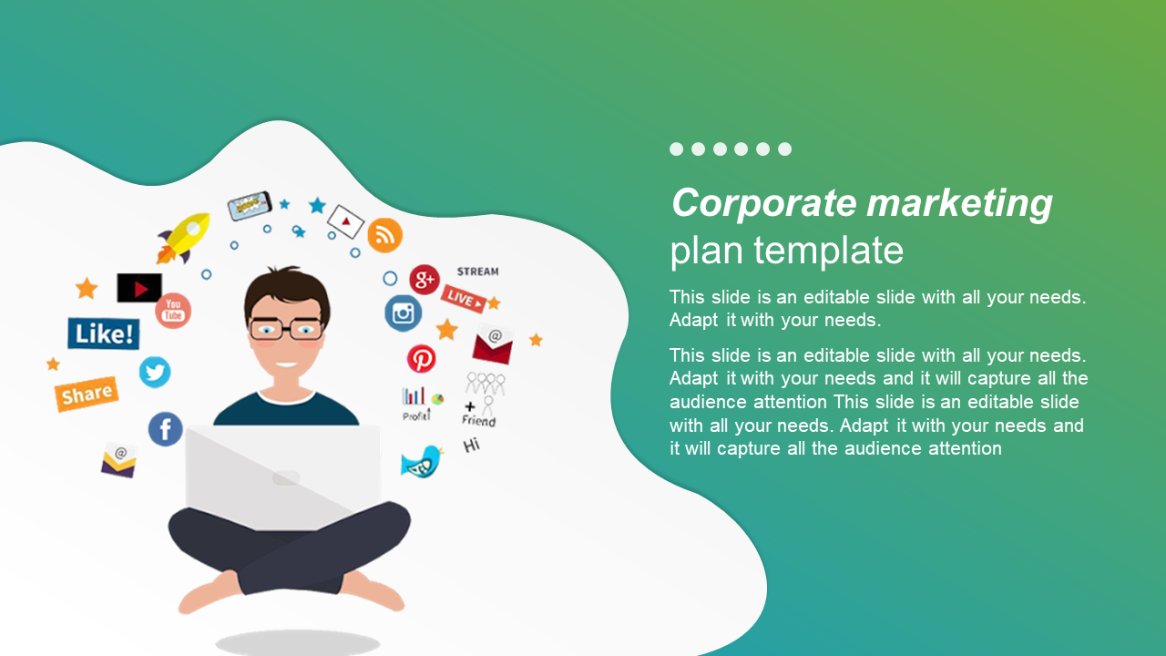 Corporate marketing plan template with an animated character surrounded by social media icons and digital marketing tools.