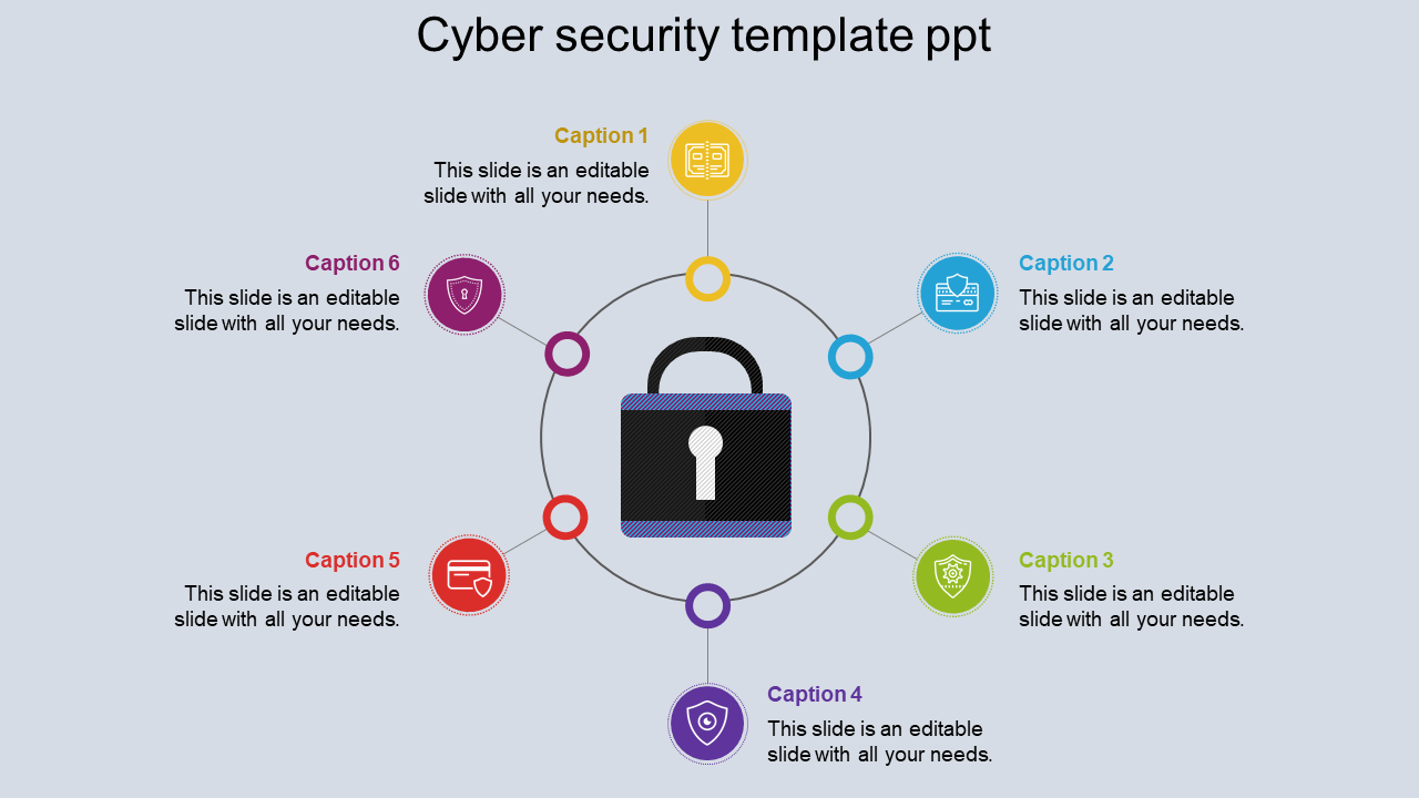 Cyber security PowerPoint template with icons surrounding a lock symbol, representing various security tools and concepts.