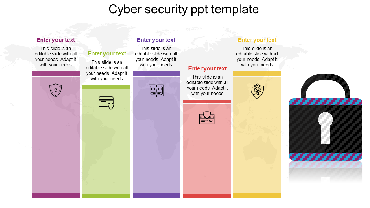 Cyber Security slide featuring colorful sections for text, accompanied by security related icons and a lock graphic.