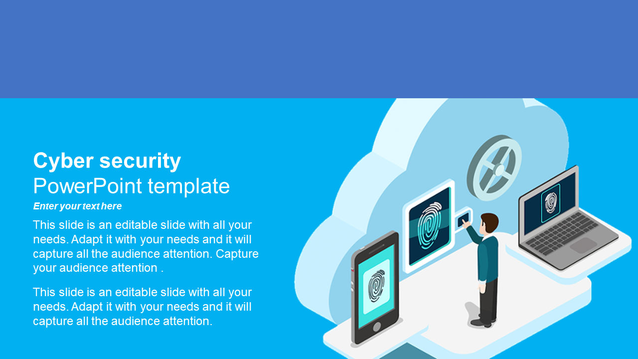 Illustration of cybersecurity theme with a cloud, laptop, smartphone, and a person interacting with a digital fingerprint scanner.