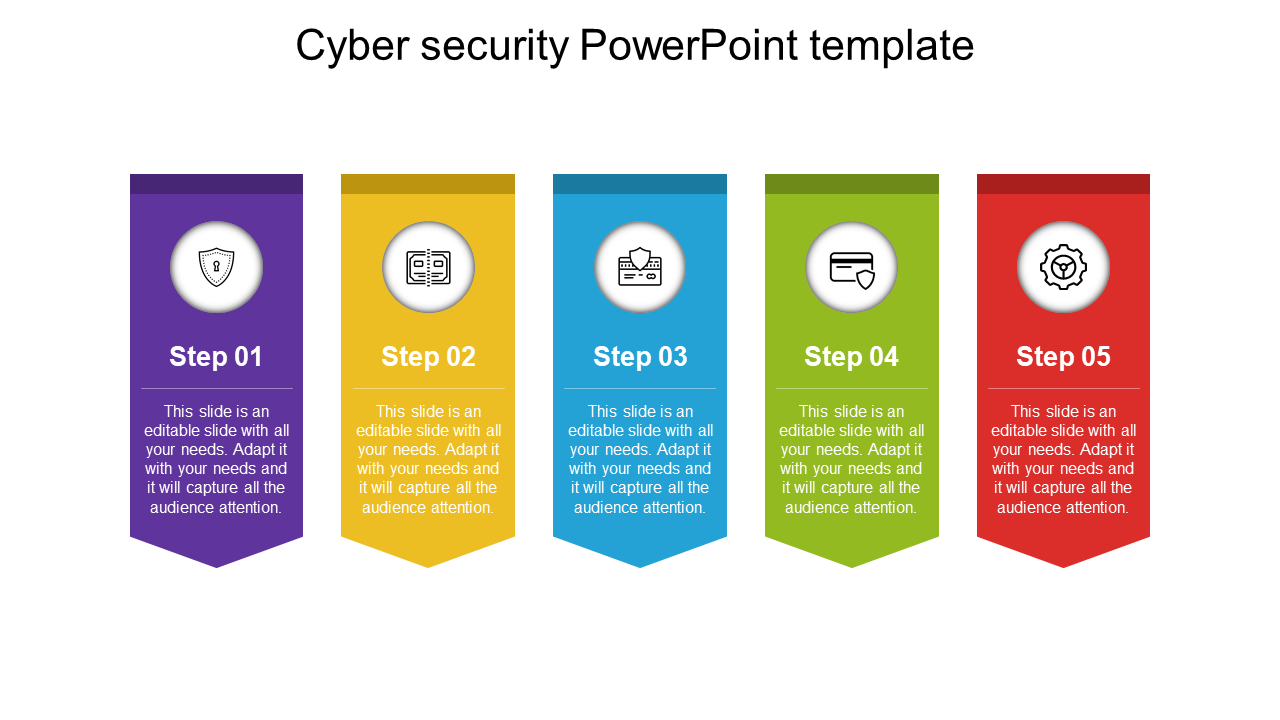 Five-step cybersecurity template with shield, card, and gear icons place with placeholder text areas in colorful banners.