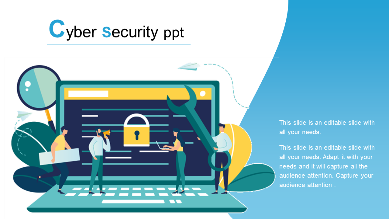 Laptop displaying a lock symbol, with characters standing near it, holding tools and documents, and text on a blue backdrop.