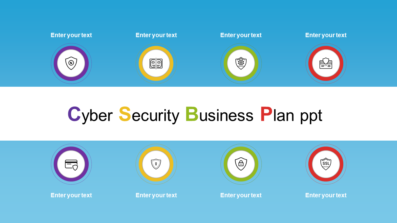 Cyber security business plan PPT slide featuring eight icons arranged in a grid with space for text on a blue theme.