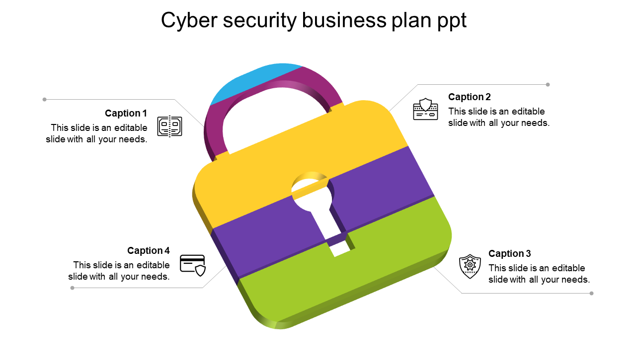 Cyber security business plan PowerPoint slide featuring a colorful padlock and captions with icons.