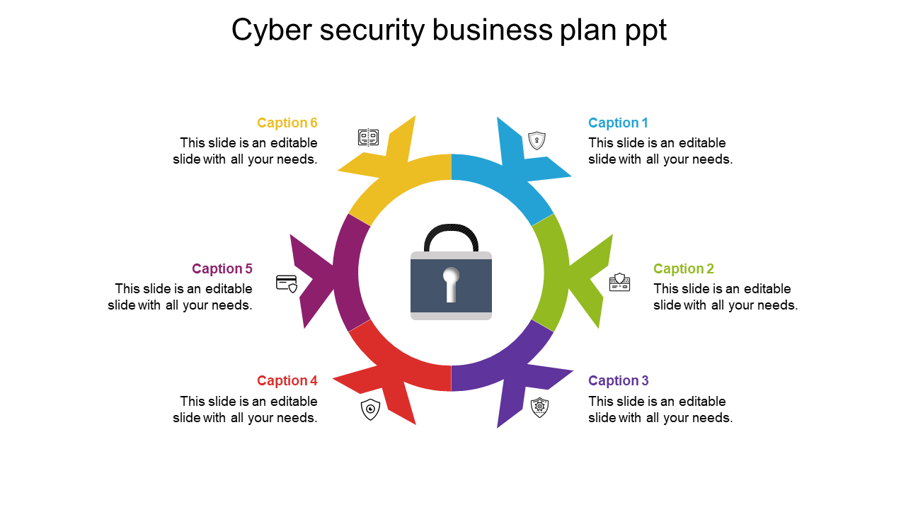 Six colorful arrows form a circle around a lock icon, illustrating a cyber secure system concept.