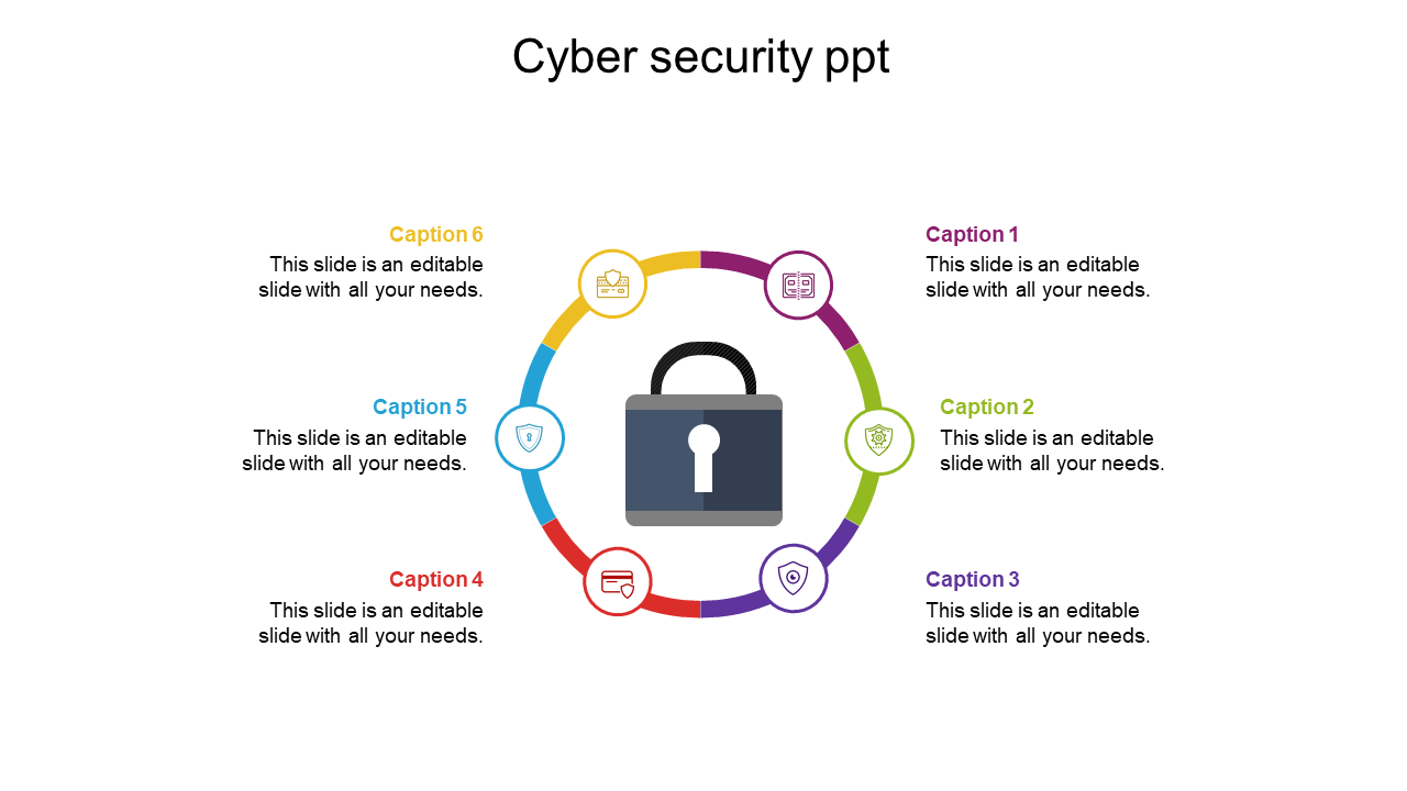 A circular diagram with a central lock, surrounded by six colorful segments and matching icons for cybersecurity themes.