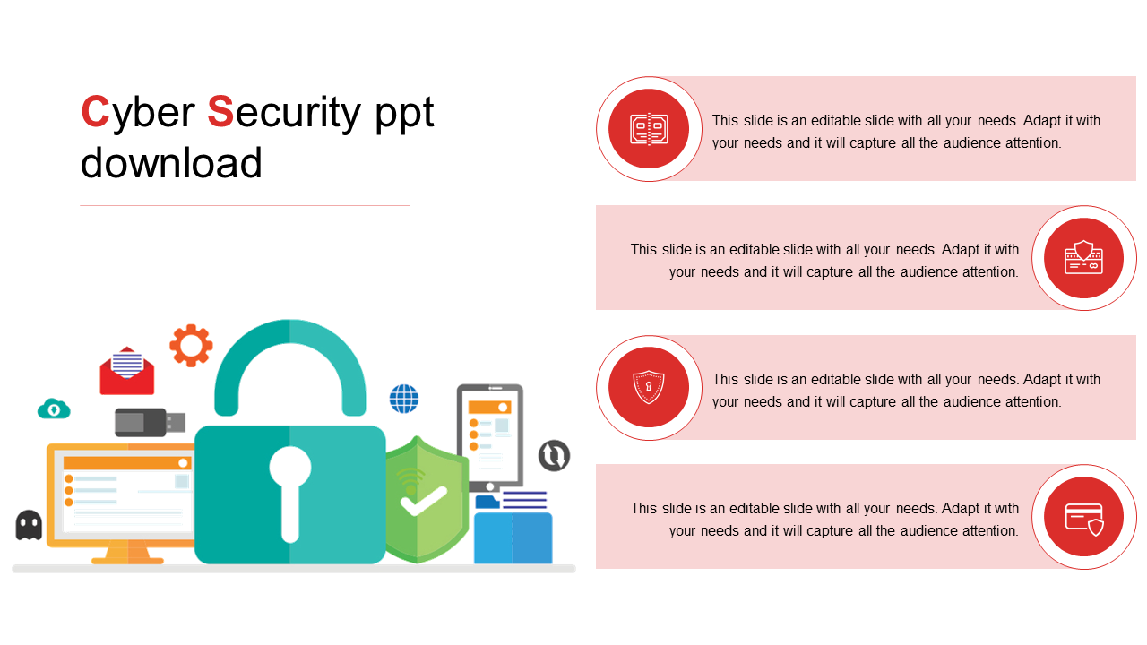 Cyber security PowerPoint template showcasing a lock, computer, mobile device, and security related icons.