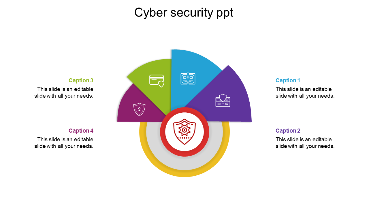 Circular diagram with vibrant segments in purple, blue, green, and maroon featuring icons representing cyber security.