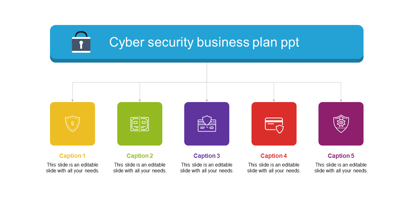 Five colored squares with cybersecurity icons linked to a central lock title box, each with a caption area below.