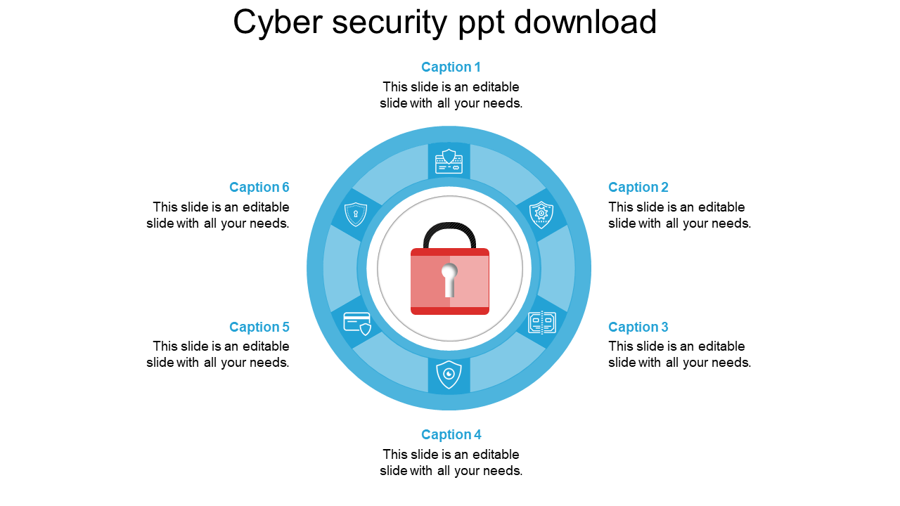 Cybersecurity slide with a central lock icon surrounded by six labeled sections in a circular layout.