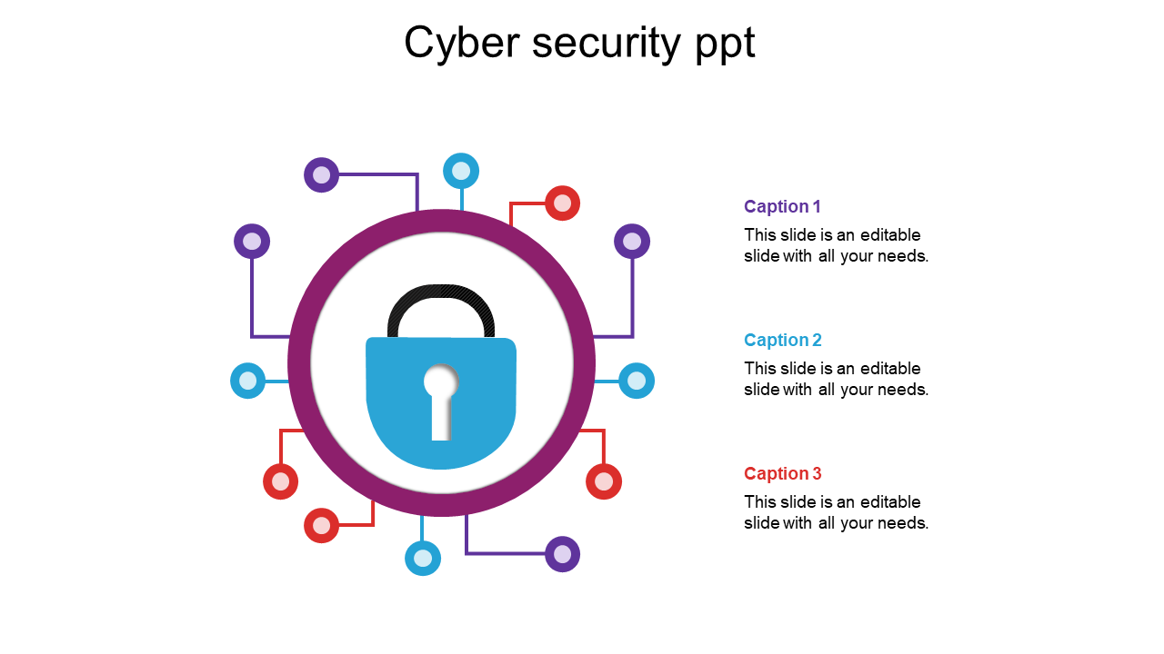 Cybersecurity PowerPoint slide featuring a lock symbol surrounded by colorful network connections with captions.