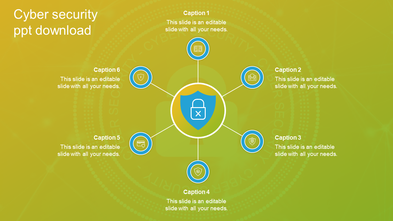 Cyber security template a shield with a cross is surrounded by six sections, each with an icon and placeholder text.