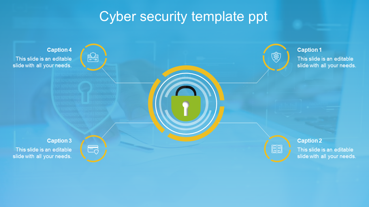 Slide with a lock icon in the center, surrounded by four yellow-outlined circles connected by lines on a blue background.