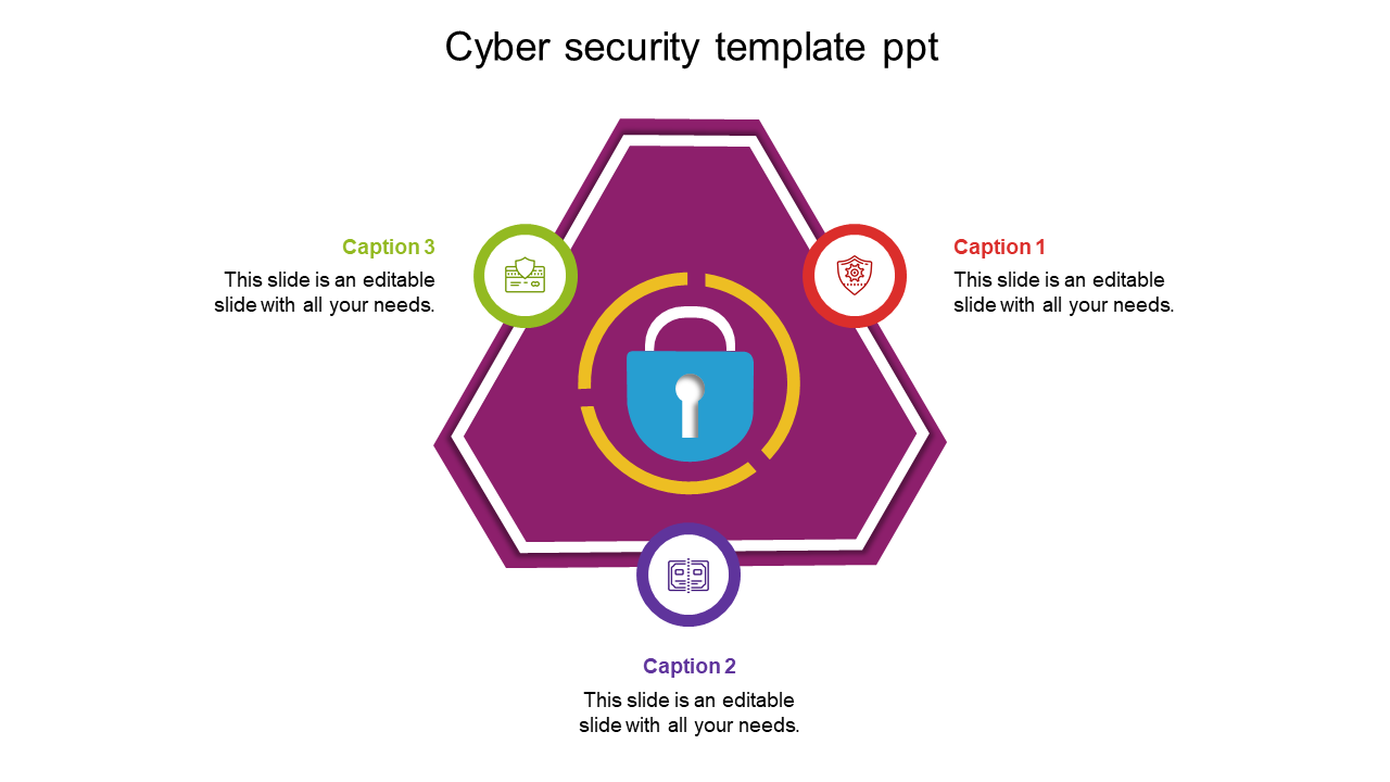 Hexagonal purple shape with a lock icon in the center and three colored circular icons around it, each with captions.