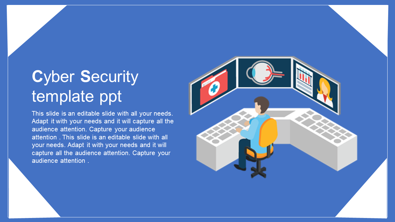 Cyber security slide featuring an illustration of a person working at a computer with multiple screens with placeholder text.