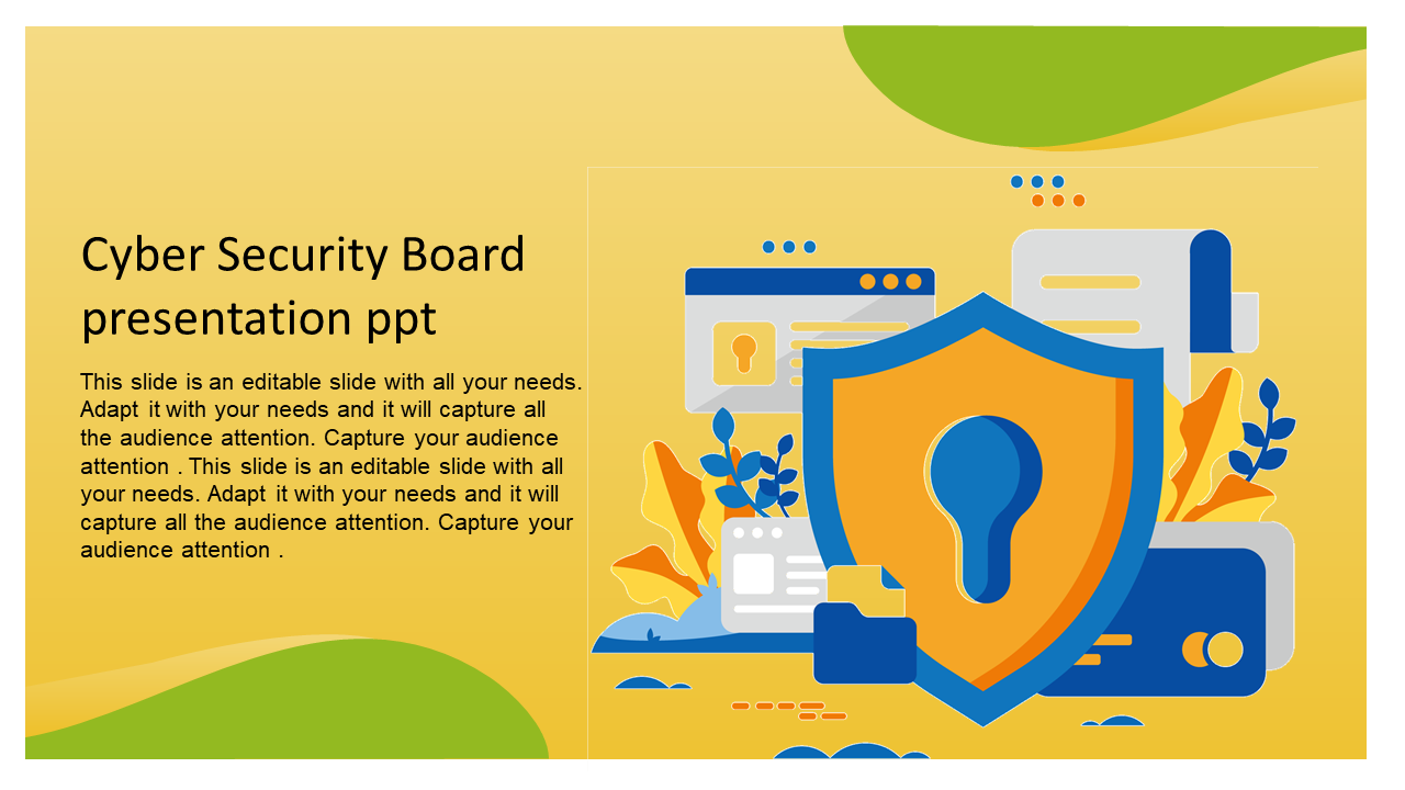 Cyber security board slide featuring a large shield and keyhole icon with text on the left on a yellow backdrop.