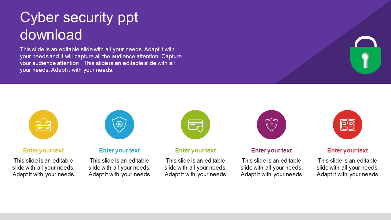 Purple and white themed cyber security slide with five circular icons in multiple colors, arranged in a row.