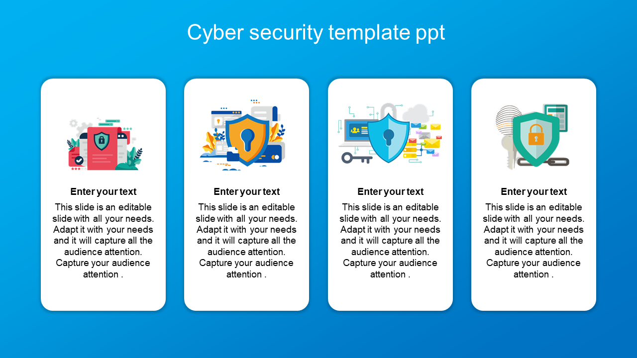 Four white blocks with cybersecurity illustrations, each containing a shield and key icon, on a blue backdrop.