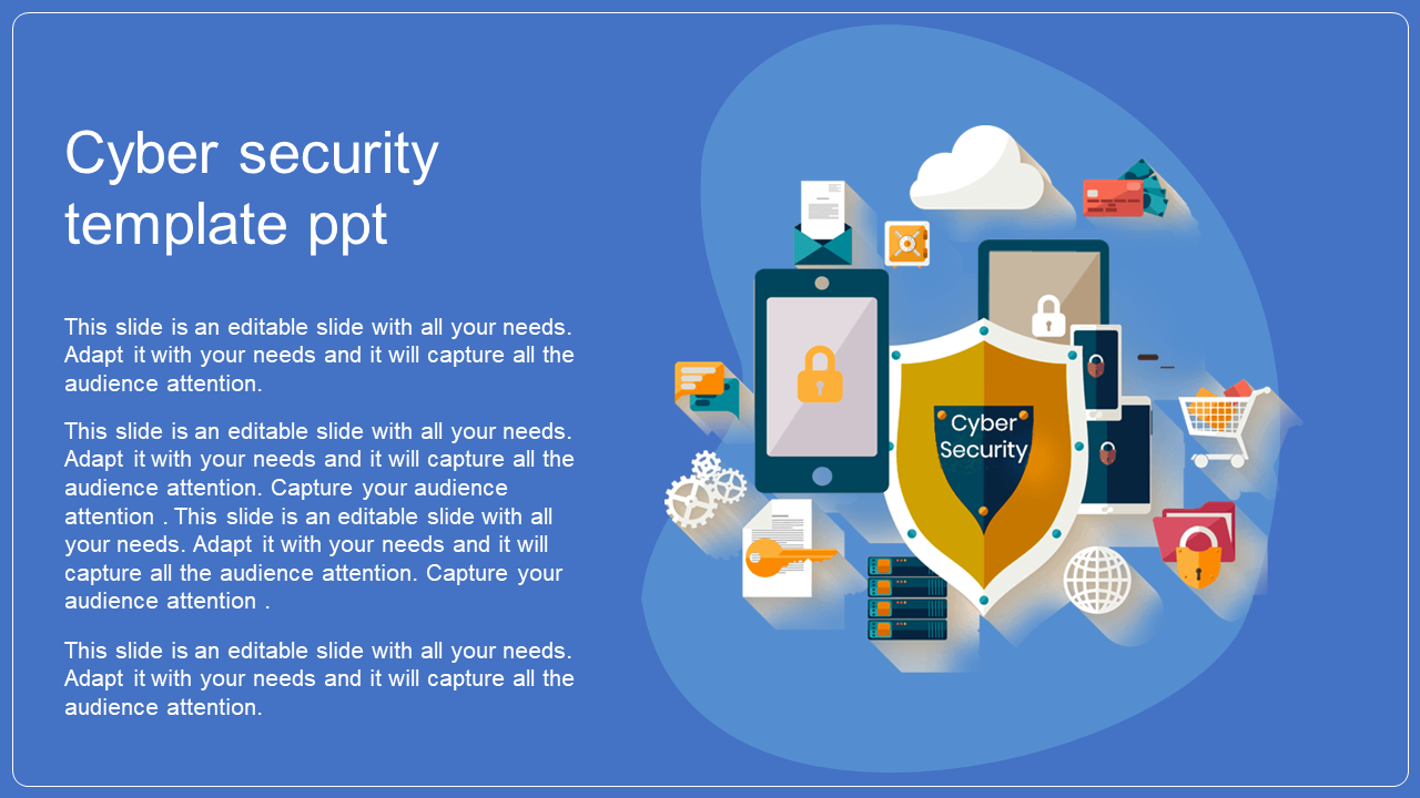 A colorful slide showcasing a cyber security theme, featuring multiple devices, locks, and a central shield.