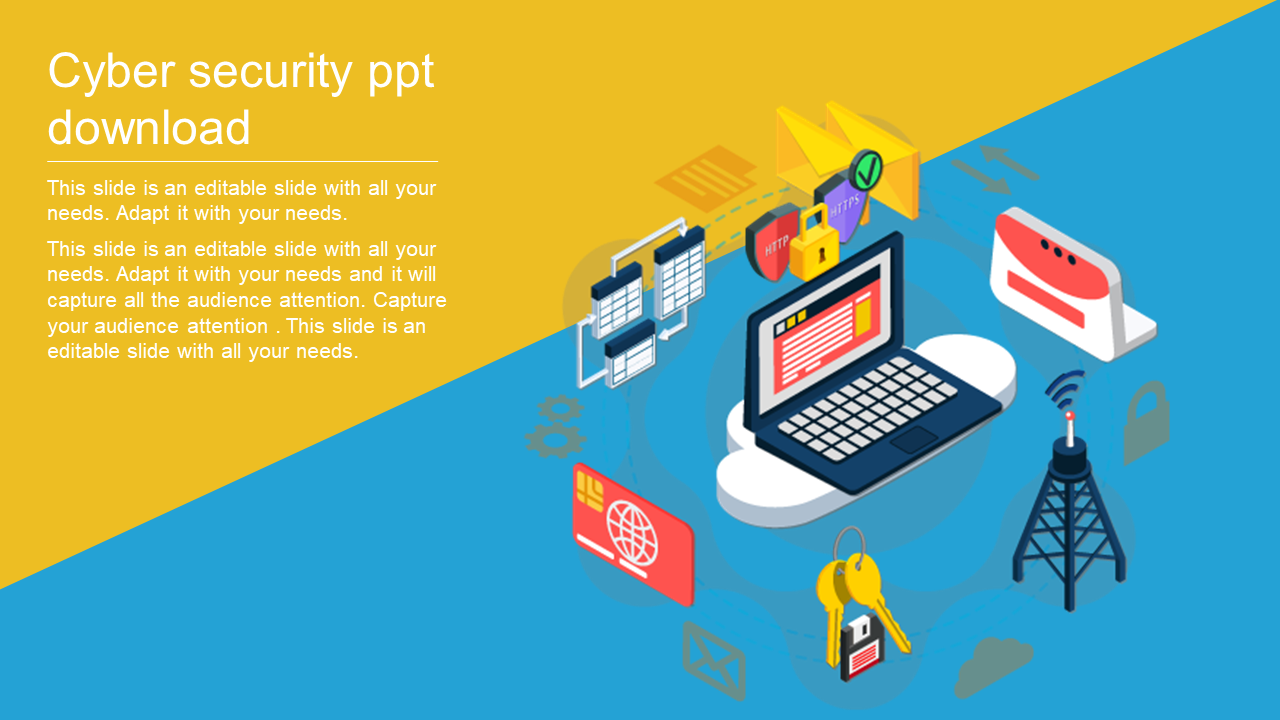 Cyber security PowerPoint template with laptop, data storage, and network icons, designed in vibrant yellow and blue.