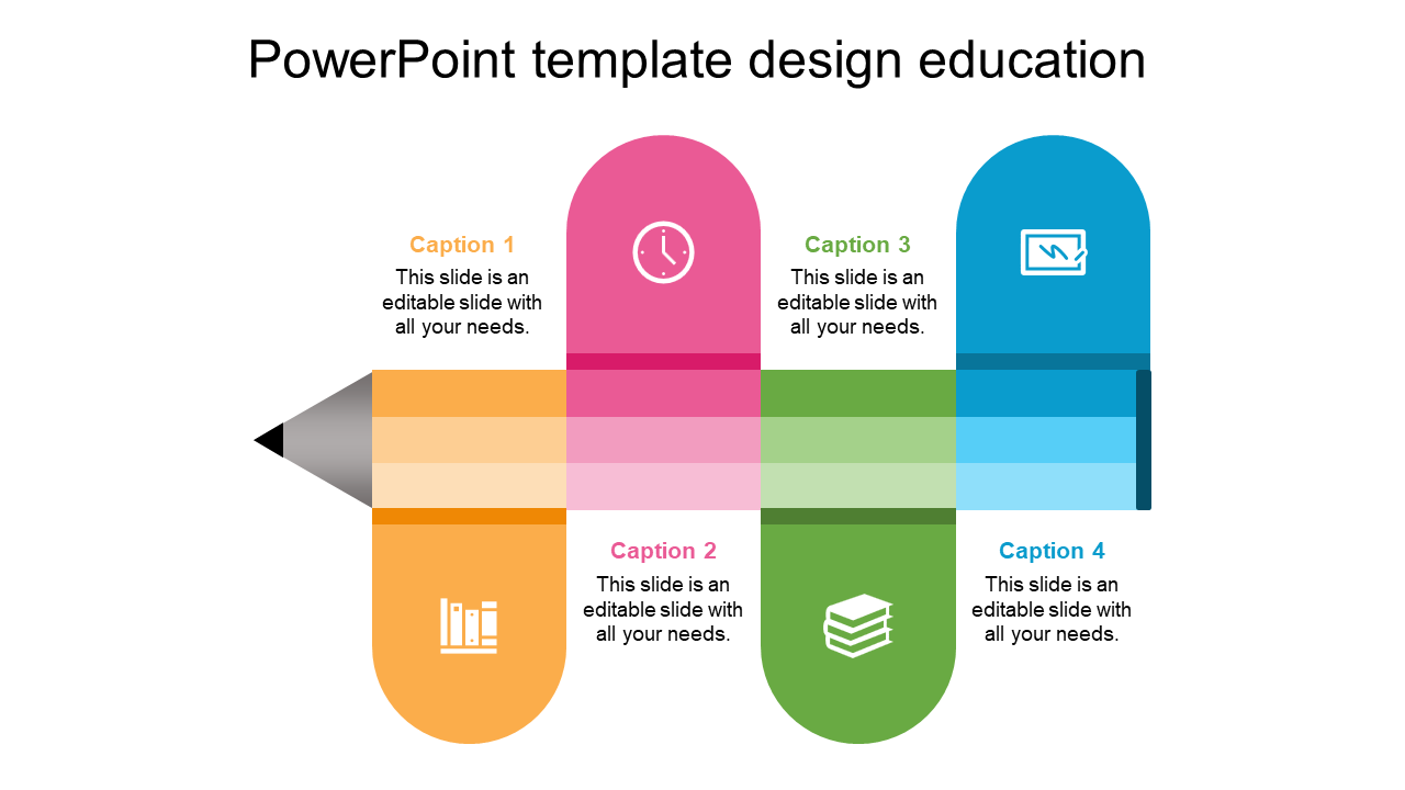 Pencil shaped design with four sections in yellow, pink, green, and blue, each with educational icons and text.